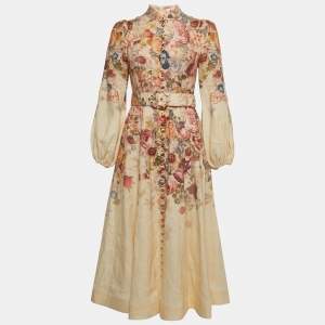 Pre Owned Zimmermann Cream Luminosity Printed Linen Belted Midi Dress S