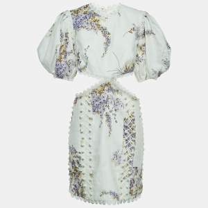 Zimmermann White Floral Printed Linen Cutout Mini Dress L