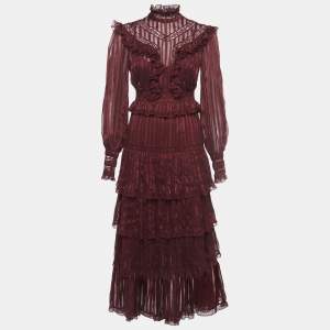 Pre Owned Zimmermann Burgundy Lace Ruffled Silk Espionage Panel Dress S