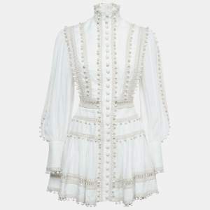 Pre Owned Zimmermann White Eight Corded Linen Tiered Mini Dress 