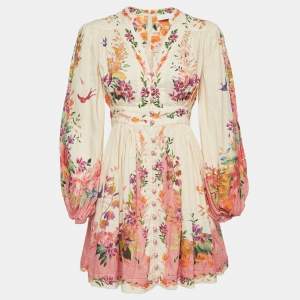 Pre Owned Zimmermann Beige/Pink Tropicana Print Linen Mini Dress S