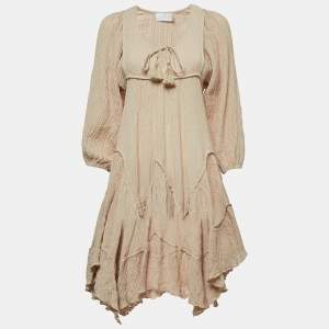 Pre Owned Zimmermann Bayou Beige Crinkled Ramie And Cotton Asymmetric Tiered Dress M