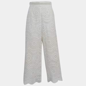 Zimmermann White Embroidered Cotton Meridian Cropped Trousers M