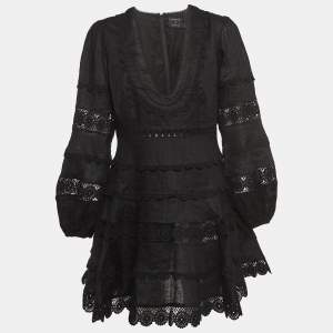 Pre Owned Zimmermann X Barneys Black Lace Trim Linen Tiered Mini Dress L