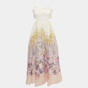 Pre Owned Zimmermann White/Pink Floral Print Linen Lace-Up Cut Out Detail Midi Dress M