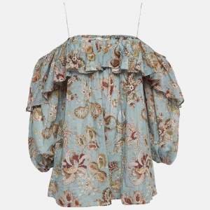 Zimmermann Blue Floral Print Silk Blend Off-Shoulder Blouse S