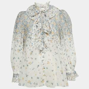 Zimmermann White Floral Printed Ramie Ruffled Neck Top L