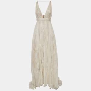 Zuhair Murad Off White Lace Trim Silk Pleated Gown and Feather Cape XS