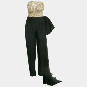 Zuhair Murad Couture Black/Gold Sequin Embellished Crepe Drape Detail Jumpsuit M