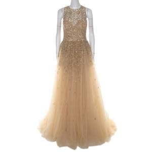 Zuhair Murad Toffee Cream Layered Tulle Embellished Sheer Yoke Evening Gown S