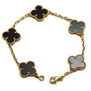 Pre Owned Van Cleef & Arpels Alhambra Vintage 5 Motifs Onyx Yellow Gold Bracelet