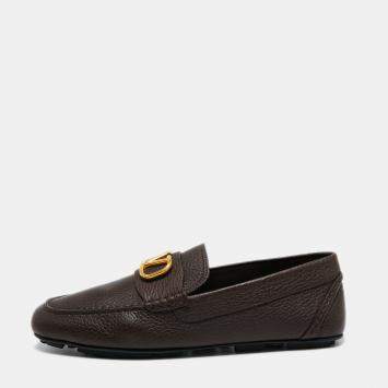 Pre Owned Valentino Dark Brown Leather VLogo Signature Loafers Size 44