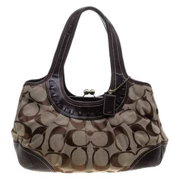 Pre Owned Coach Beige/Brown Signature Canvas and Leather Kiss Lock Shoulder Bag 