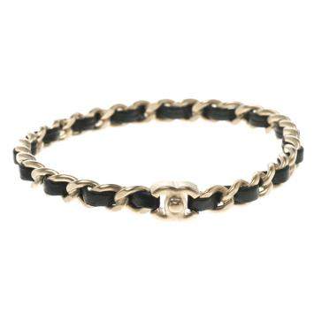 Pre Owned Chanel CC Black Leather Woven Gold Tone Chain Bangle Bracelet 21cm