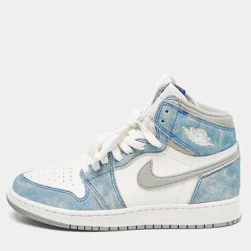 Pre Owned Air Jordans Blue/White Leather Jordan 1 Retro High Hyper Royal Smoke Grey Sneakers Size 39 (GS)