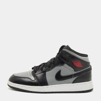 Pre Owned Air Jordans Black/Grey Leather Jordan 1 Mid Shadow Red Sneakers Size 37.5
