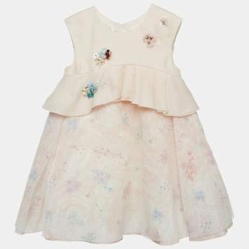 Pre Owned Baby Dior Pink Floral Embellished Silk Pleated Dress 24M