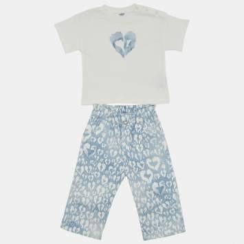 Pre Owned Baby Dior Blue/White Heart Print Cotton Top and Pants Set 9M