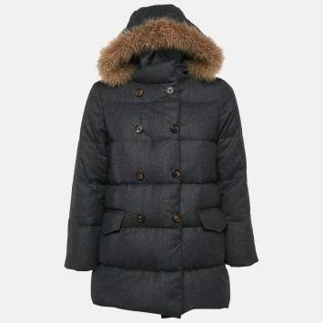 Pre Owned Brunello Cucinelli Grey Fur Trim Wool Down Jacket 10 Yrs