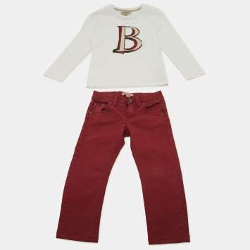 Pre Owned Burberry Children  White / Maroon Cotton T-Shirt & Denim Set 5 Yrs 