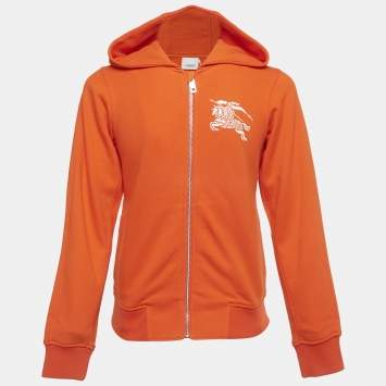 Pre Owned Burberry Orange Logo Embroidered Cotton Zip-Up Hoodie 12Yrs