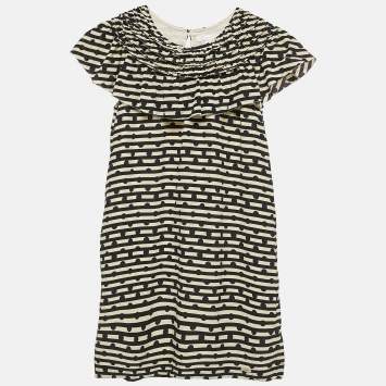 Pre Owned Burberry Kids Cream/Black Striped Silk Ruffed Dress 12 Yrs 