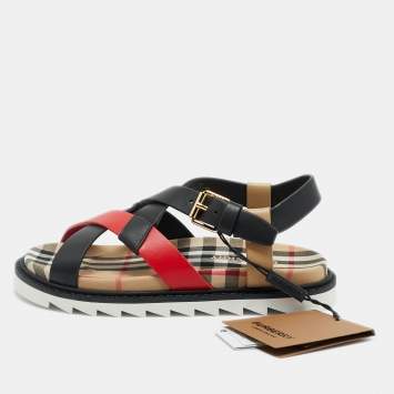 Pre Owned Burberry Multicolor Leather Check Print Jane Flat Sandals Size 31