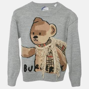 Pre Owned Burberry Kids Grey Teddy With Scarf Intarsia Wool Sweater 6Yrs