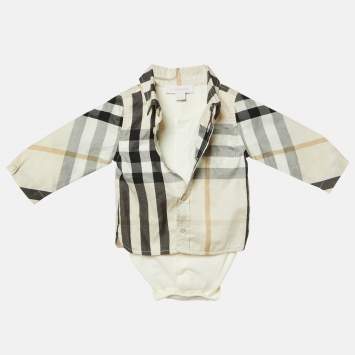 Pre Owned Burberry Kids Cream Nova Check Cotton Unisex Shirt Bodysuit 3M 