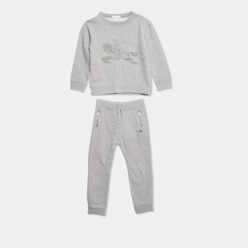 Pre Owned Burberry Children Grey Logo Embroidered Cotton Knit Sweatshirt and Sweatpants Set 8 Yrs