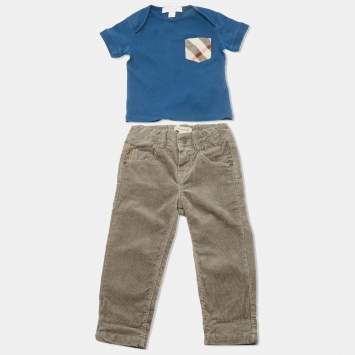 Pre Owned Burberry Children Blue/Beige Jersey and Corduroy  2 Piece Set 18M/9M