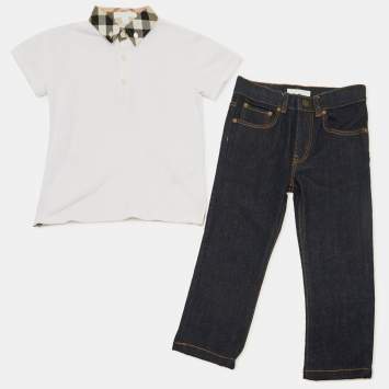 Pre Owned Burberry Children White/Blue Cotton and Denim T-Shirt Set 6 Yrs