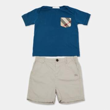 Pre Owned Burberry Blue/Beige Cotton 2 Piece Shorts and T-shirt Set 2 Yrs
