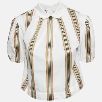 Burberry White Cotton Nova Stripe Detail Button Back Top 10yrs