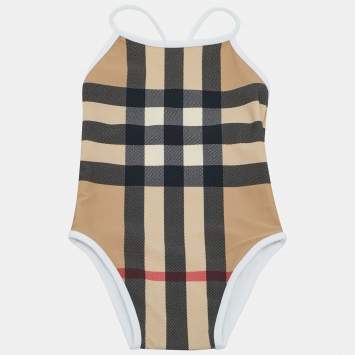 Pre Owned Burberry Kids Beige Checks Jersey Swimsuit 12M