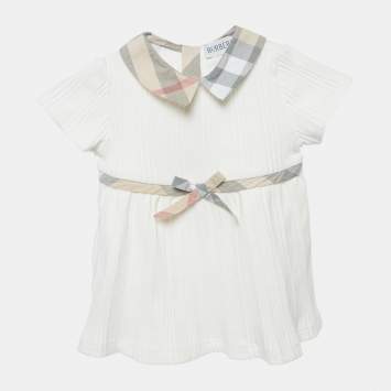 Pre Owned Burberry Kids White Checks Stretch Cotton Dress Set 1M