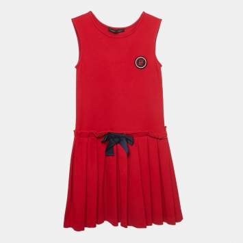 Pre Owned CH Carolina Herrera Red Logo Applique Jersey Pleated Dress 8Yrs