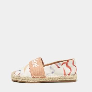 Pre Owned Chloé White/Brown Printed Fabric Woody Espadrille Flats Size 30 (kids)