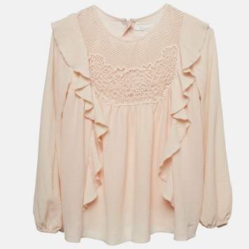 Pre Owned Chloe Kids Pink Lace Trim Gauze Ruffled Trim Blouse 10 Yrs 