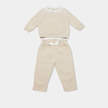 Pre Owned Chloe Kids Beige Lace Trim Collar Cotton Top and Pants Set 12M