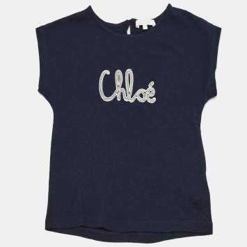 مملوكة مسبقًا Chloé Kids Navy Blue Logo Embroidered Jersey Top 6Yrs 