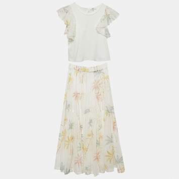 Pre Owned Chloé Kids White Palm Tree Print Cotton Ruffle Top & Skirt Set 10Yrs
