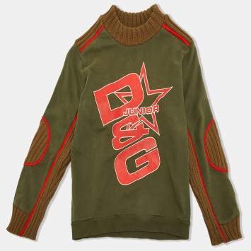 Pre Owned D&G Junior Olive Green / Red Logo Print Cotton Blend Sweatshirt 10Y