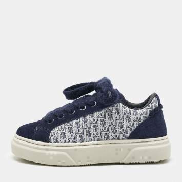 Pre Owned Dior Blue Oblique Canvas and Suede B33 Spin Sneakers