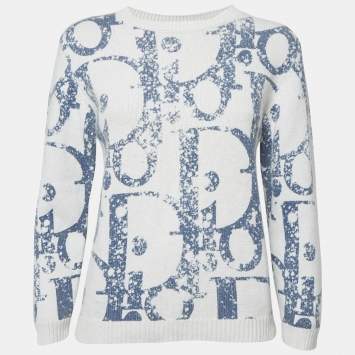 Pre Owned Dior Kids White Oblique Print Wool Blend Sweater 12 Yrs