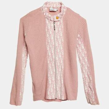 Christian Dior Kid Vintage Pink Rib Knit Wool Trotter Print Paneled Cardigan 10 Yrs
