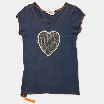 مملوكة مسبقًا Dior Kids Navy Blue Logo Print Heart Applique Cotton T-Shirt 10Y