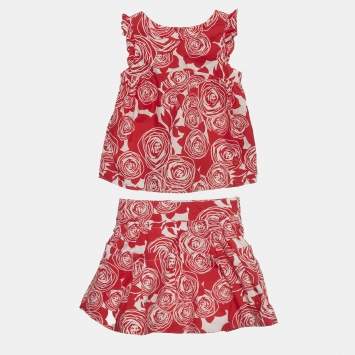 Pre Owned Christian Dior Kids Red Floral Print Cotton Set 3Yrs/4Yrs 