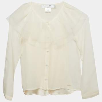 Dior Cream Tulle Ruffle Detail Long Sleeve Silk Blouse 8 Yrs