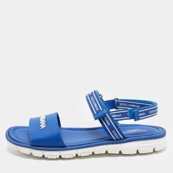 Pre Owned Dolce & Gabbana Bambino Logo Strap Size 38 Blue/White Leather Flat Sandals 